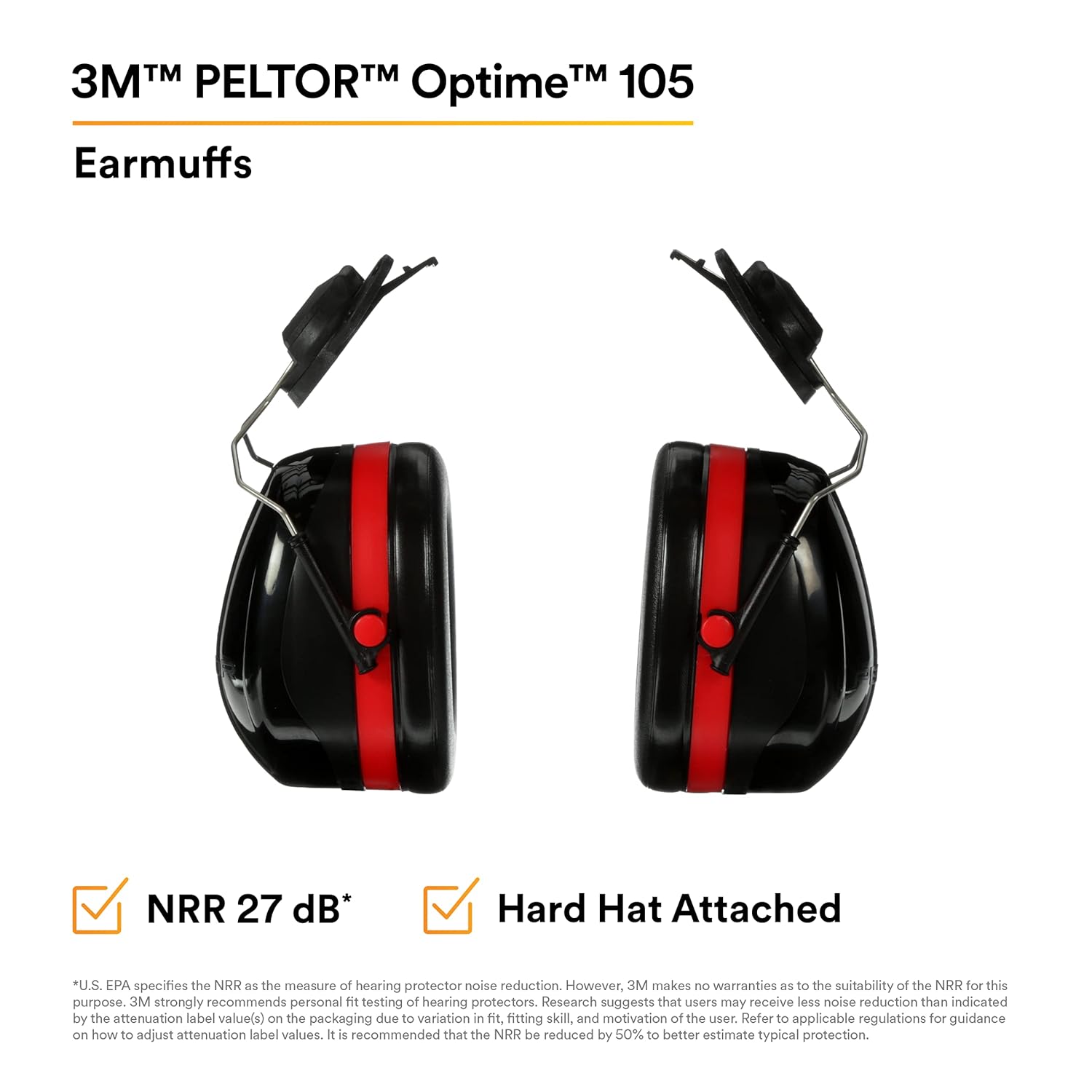 3M™ PELTOR™ Optime™ 105 Earmuffs, H10P3E, Hard Hat Attached
