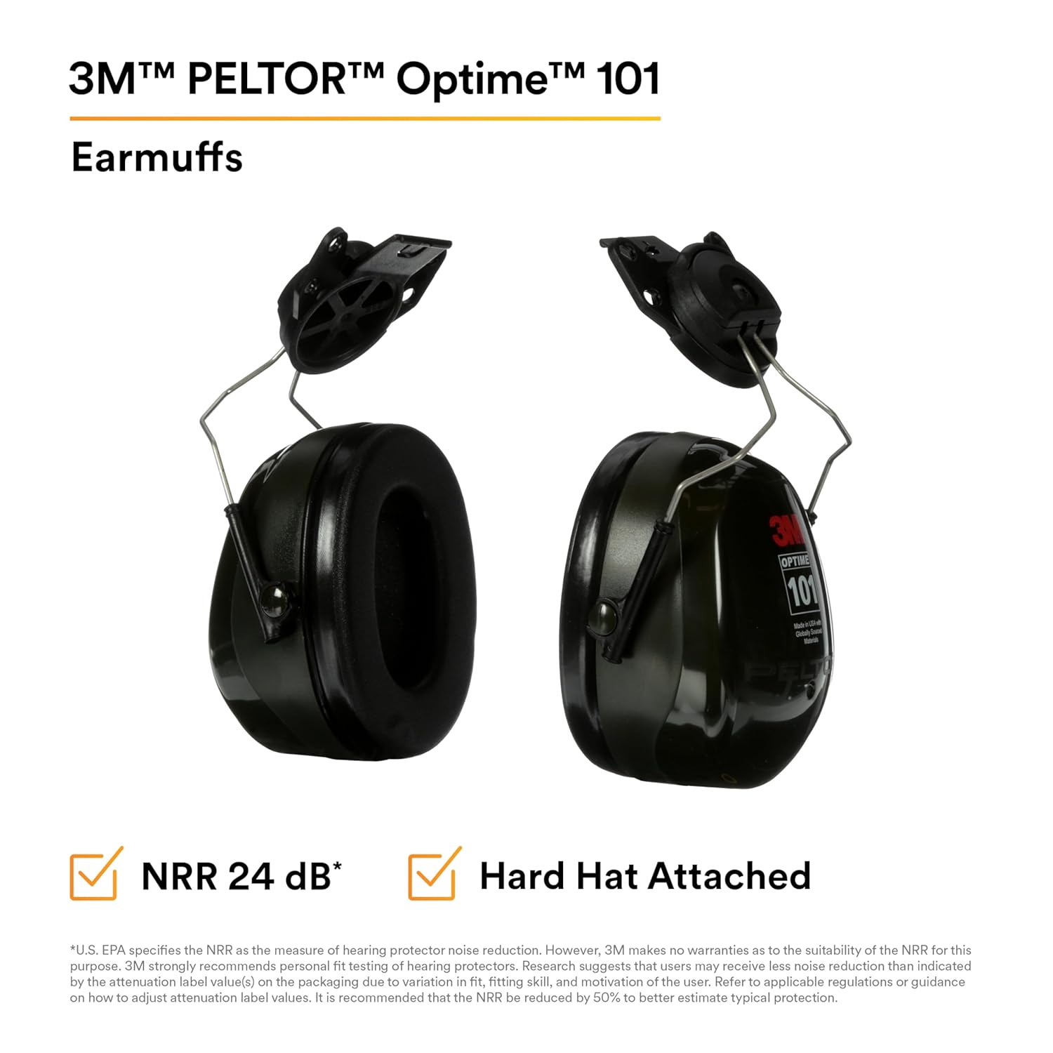 3M™ PELTOR™ Optime™ 101 Earmuffs, H7P3E, hard hat attached