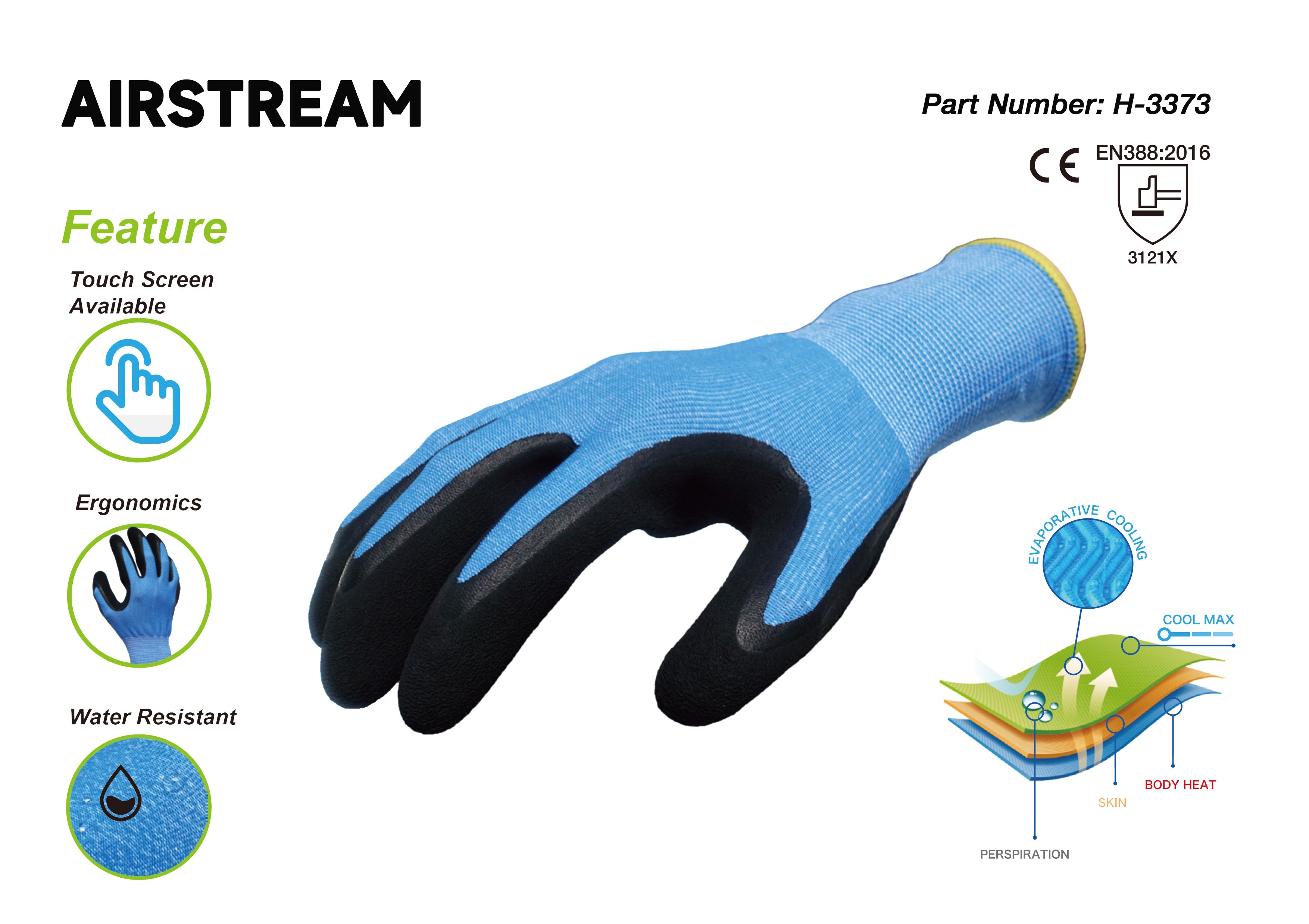 Airstream Glove coated black foam latex on palm 13 gauge knitted blue