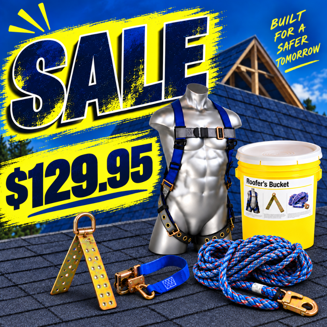 Roofer's Kit Pail, 50' Rope, Rope Grab c/w Lanyard, Anchor, Harness